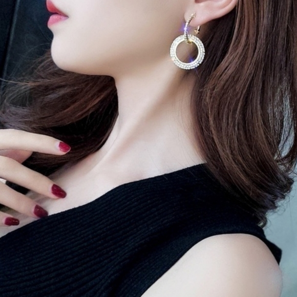 New Rhinestone Double Hoop Dangle Earrings - Picture 4 of 9